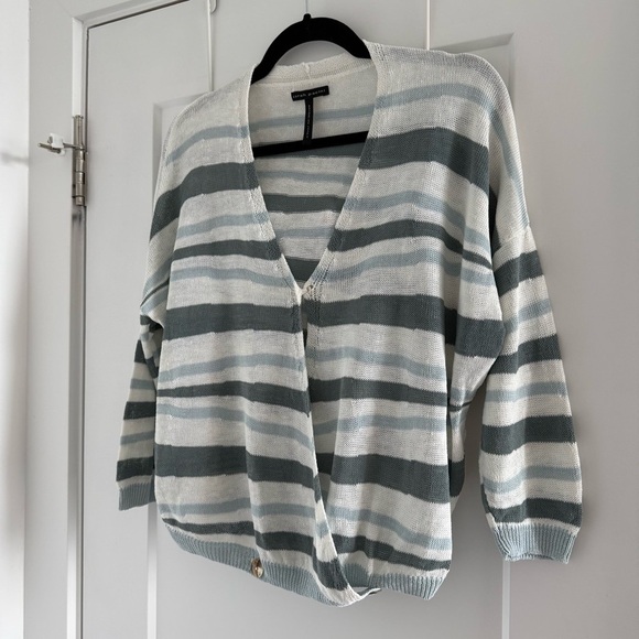 Sarah Pacini blue & white stripe linen wrap cardigan sweater - One Size - Picture 2 of 4